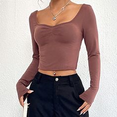 Olivia Mark - Chic Trendy Long Sleeve Blouse Fitted Solid Brown Tops, Fitted Brown Solid Color Top, Split Top, Pleated Skirt Short, Plaid Pullover, Coffee Fashion, Jumpsuit Chic, Bodycon Dress With Sleeves, Faux Leather Dress