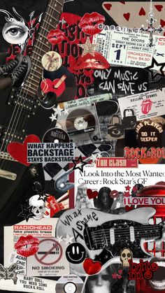 a collage of various stickers and decals on a guitar body, with the words rock into the most wanted