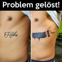 two pictures with different tattoos on their stomachs, one showing the same tattoo as the other