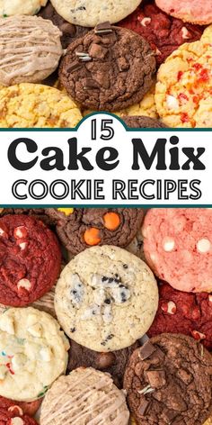 the words 15 cake mix cookie recipes on top of a pile of cookies