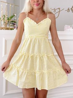 Cute Tiered Ruffled Sundress, Cute Tiered Ruffle Sundress, Cute Tiered Dress With Ruffle Hem, Mini Sundress With Ruffles For Picnic, Spring Sundress With Ruffled Straps For Picnic, Cute Ruffled Strap Dresses For Picnic, Gingham Dress With Ruffled Hem And Straps, Picnic Gingham Sundress With Ruffles, Cute Tiered Sundress With Ruffle Hem