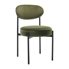 a green chair with black legs and a round seat on the back, against a white background