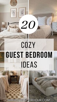 four different pictures with the words cozy guest bedroom ideas in white and beige colors on them