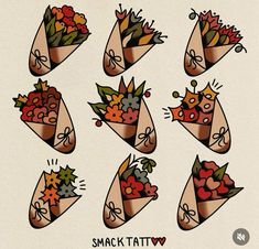 a bunch of flowers that are in some kind of paper bag with the words snack tattiv on it