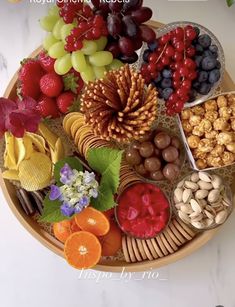 a platter filled with assorted fruits and nuts