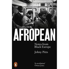 a book cover with people standing on a subway train and the words afroean written in white