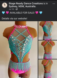 the back of a woman's leotard with beads and fringes on it