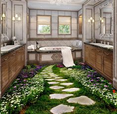 a bathroom with green grass on the floor and white flowers in the bathtub area