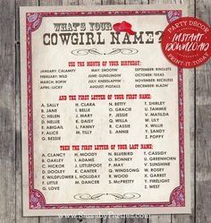 a sign that says what's your cowgirl name? on the side of a wooden