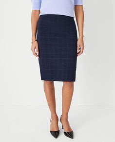 Elevate your wardrobe with the Ann Taylor Petite Plaid Pull-On Pencil Skirt. Perfect for a seamless transition from office to evening, this skirt combines style and comfort with its plaid pattern and easy pull-on silhouette.

- Size: Petite XS
- Color: Night Sky
- Material: 63% Cotton, 35% Polyester, 2% Spandex
- Length: 22 inches long
- Fit: Hits at thigh
- Care: Machine washable

Crafted with a blend of cotton, polyester, and spandex, this skirt ensures a comfortable fit that moves with you. T Navy Blue Pencil Skirt Outfit, City Girl Style, Navy Blue Pencil Skirt, Ann Taylor Petite, Pencil Skirt Outfits, Plaid Pencil Skirt, Knitted Suit, Semi Annual Sale, Seamless Transition