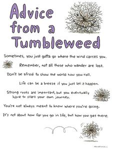 a poem written in purple ink with the words advice from a tumbleweed