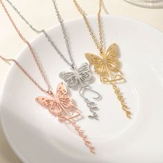 "Material:18k Gold Chain Length:16\",18\",20\",22\" Color：Gold,Silver,Rose Gold Item：Prevent allergy ♥Borne of a love for elegance, refined materials, and high quality♥ ♥Our custom name neckalce allow you to choose the perfect name or word to be delicately crafted into a beautiful pair of earrings. Whether it's a name, a date, or a meaningful word, these earrings are a truly special gift that will be treasured for years to come. ♥Great Presents for Christmas, Birthdays, Bridal Showers, Weddings (and can be used as Weddings Favors as well) ♥Customized by love, each piece of jewelry will be unique. ♥I believe that jewelry is a great way to create a very calm and peaceful environment.It has the magical charm of making people happy and confident. ♥If you can't find the information you need or Happy And Confident, Presents For Christmas, Making People Happy, Peaceful Environment, Necklace Butterfly, 18k Gold Chain, People Happy, Custom Name Necklace, Butterfly Pendant