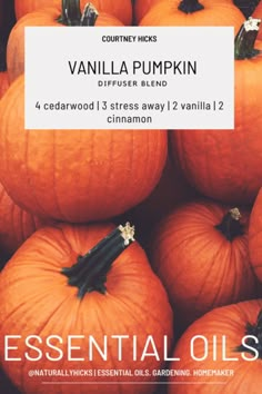 Vanilla Pumpkin - cedarwood, stress away, vanilla and cinnamon. Essential oil diffuser blend using young living oils. Save 24% off Young Living products when you sign up with a membership. Click the link to learn more!   Courtney Hicks | Member #24355928 |  #diffuserblends #youngliving #essentialoils #essentialoilblends #essentialoilreceipes #diffuser #younglivingdiffuserblends #younglivingessentialoils #younglivingoils #younglivingproducts#diffuserreceipe #fall #falldiffuserblends #fallblends # Fall Diffuser Blends Young Living, Christmas Essential Oil Blends, Best Essential Oil Blends, Young Living Essential Oil Diffuser, Pioneer Living, Fall Essential Oil Blends, Home Smell Good