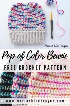 crocheted beanie with the text pop of color beanie free crochet pattern