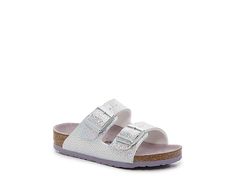 Silver Round Toe Slides With Buckle Closure, Silver Open Toe Slides With Buckle Closure, Silver Open Toe Slides With Buckle, Silver Footbed Sandals For Summer, Silver Footbed Sandals With Round Toe For Summer, Silver Flat Sandals For Spring, Silver Flat Heel Sandals With Buckle Closure, Silver Open Toe Footbed Sandals For Summer, Silver Open Toe Footbed Sandals For Spring