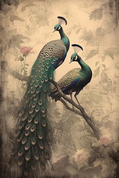 two peacocks sitting on top of a tree branch in front of a flowery background