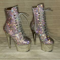 Adore 1020CHRS Silver Bejeweled Rhinestone 7" High Heel Platform Ankle Boots NY | Totally Wicked Footwear Sparkle Heels Outfit, High Heel Platform Ankle Boots, Butterfly Stomach, Club Heels, Cool High Heels, Pleaser Heels, Cute Shoes Heels, Heels Outfits, High Heel Platform