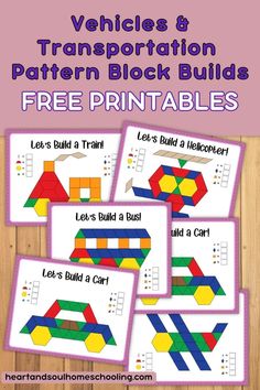 printable worksheets for transportation and pattern block buildes to help kids learn how to