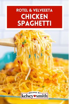 Rotel chicken spaghetti in a 9 by 13 inch casserole dish Easy Rotel Chicken Spaghetti, Rotel Chicken Spaghetti Recipe, Chicken Spaghetti With Velveeta, Recipe With Shredded Chicken, Chicken Rotel, Rotel Chicken, Spaghetti Dishes, Chicken Breast Casserole Recipes, Chicken Breast Casserole