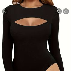 Women All Black Long Sleeve Bodysuit Fitted Black Bodysuit With Cutout, Fitted Black Cutout Bodysuit, Fitted Solid Color Bodysuit With Cutout, Long Sleeve Cutout Bodysuit For Night Out, Sleek Black Bodysuit For Night Out, Black Long Sleeve Bodysuit For Date Night, Black Long Sleeve Bodysuit For Going Out, Cutout Bodysuit For Night Out, Black Fitted Bodysuit For Going Out