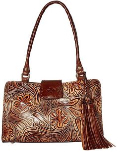 Patricia Nash Rienzo Satchel Classic Leather Shoulder Bag With Hand Tooled Details, Formal Embossed Shoulder Bag, Formal Leather Embossed Shoulder Bag, Classic Hand Tooled Leather Bags, Formal Embossed Leather Shoulder Bag, Embossed Leather Bag With Double Handle, Leather Double Handle Embossed Bag, Classic Embossed Leather Bag, Formal Leather Embossed Bag