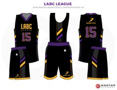 a basketball uniform with the number 15 on it and two shorts, one in black and purple