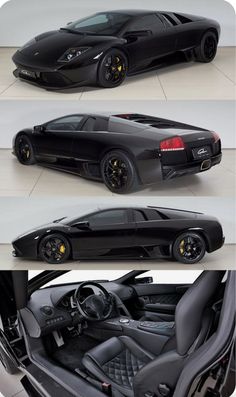 three different views of a black sports car