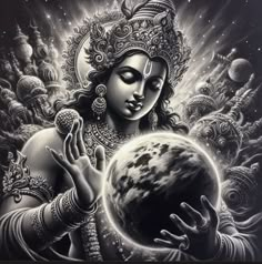 a painting of a woman holding the earth in her hands and surrounded by other objects