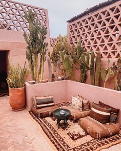 an outdoor seating area with potted cacti and cactus