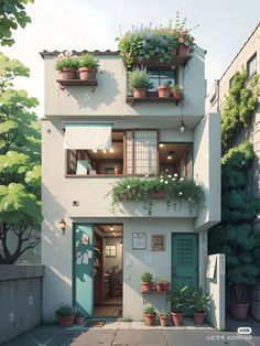 an artist's rendering of a two story apartment building with potted plants on the balconies