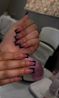 Acrylic Black Nails, Xl Black French Tip Nails, Black French Tip Nails, Black And Pink Tapered Square Nails, Black Nail Tips, Short French Tip Nails, Tapered Square Nails