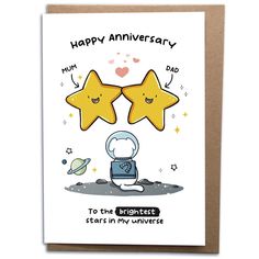 a card with two stars on it saying happy anniversary to the brightest star in my universe