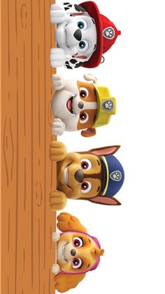 three cartoon characters peeking out from behind a wooden sign