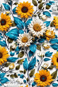 the sunflowers and leaves are painted on white paper with blue, yellow and green leaves