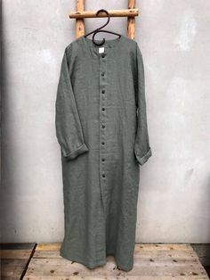 "Comfortable button up kaftan for men made from 100% pure linen with great attention to detail. In the photo you see the kaftan made from 'Dusty green' linen. Enjoy the comforts of linen loungewear - highly breathable, absorbent and pleasant to skin. Unwind and relax. Great gift for a boyfriend, husband, dad or brother. Features two inseam side pockets and slits on the sides. Each kaftan is individually cut, sawn and pre-washed. Please provide us with your measurements (height, chest and waist c Summer Long Sleeve Kurta With Buttons, Long Sleeve Summer Kurta With Buttons, Relaxed Fit Long Sleeve Linen Kurta, Casual Long Sleeve Linen Kaftan, Tunic For Men, Linen Pyjamas, Mens Robes, Kaftan For Men, Linen Kaftan