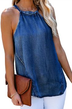 Blue Halter Neck Denim Tank Top Chic Medium Wash Denim Vest, Chic Blue Washed Denim Top, Chic Blue Denim Vest For Day Out, Chic Washed Denim Top In Denim Blue, Summer Indigo Denim Vest, Trendy Chambray Denim Top, Summer Dark Wash Denim Vest For Day Out, Chic Washed Denim Blue Top, Light Indigo Summer Jeans