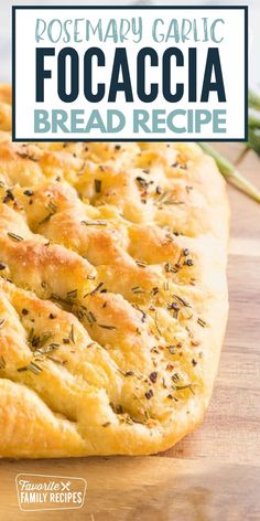 a homemade garlic focaccia bread recipe on a cutting board with text overlay