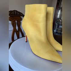 Beautiful Christian Louboutin Suede Ankle Booties. Heel Measures Approximately 100mm/4 Inches. Louboutin Kate Boots, Christian Louboutin So Kate Boots, Elegant Yellow Suede Heels, Louboutin Ankle Boots, So Kate, Louboutin Shoes, Christian Louboutin Shoes, Shoes Heels Boots, Ankle Booties