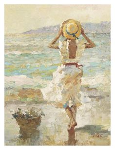 a painting of a woman walking on the beach