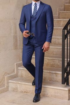 Redefine classic elegance with our Blue Slim-Fit Suit 3-Piece. The slim-fit silhouette and navy blue color make it a wardrobe essential for the modern gentleman. Embrace tailored excellence and make every occasion special.  #suit #suits #bluesuit #slimfit #singlebreasted #formalwear #menattire Blue Slim Fit Suit, Mens Tailored Suits, Suit Styles, Double Breasted Tuxedo, Suit Stores, Slim Fit Suit Men, Formal Men, Formal Men Outfit