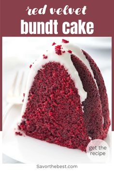 a red velvet bundt cake with white frosting