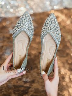 Lasaky - Exquisite Rhinestone-Embellished Glitter Party Flats with Low Heels Fancy Shoes Flats, Flat Wedding Shoes For Bride, Bride Shoes Flats, Party Flats, Comfortable Loafers, Boho Festival Fashion, Embellished Flats, Glitter Party, Glitter Heels