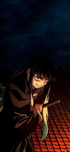 an anime character holding a stick on top of a roof at night with the sky in the background