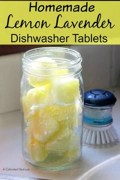 homemade lemon lavender dishwasher tablets in a mason jar