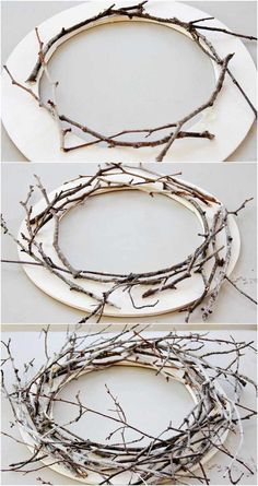 three different pictures of branches and plates with white paint on them, one is made out of