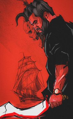 a drawing of a man holding a knife next to a red wall with a ship in the background