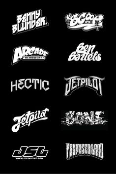 the logos for many different types of skateboards and their names are shown in white on black