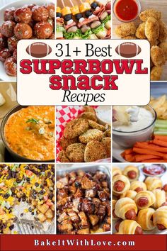 A nine-image collage showing a wide variety of tasty Super Bowl snack foods with a rectangular text box that says '31+ Best Super Bowl Snack Recipes'.