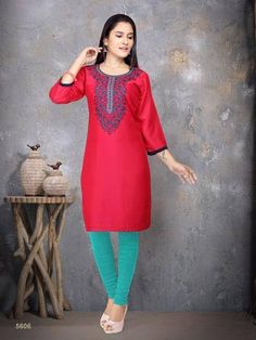 Red Embroidered Cotton Silk Kurti - Ria Fashions Red Tunic Kurta With Resham Embroidery, Red Churidar With Resham Embroidery And Long Sleeves, Red Churidar For Navratri, Red Long Sleeve Churidar For Navratri, Red Semi-stitched Straight Kurta, Red Embroidered Cotton Churidar, Red Unstitched Long Sleeve Kurta, Unstitched Long-sleeved Red Kurta, Red Long Sleeve Self Design Salwar Kameez