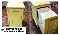 two pictures showing the same trash can and cabinet in different stages of being turned into a kitchen island